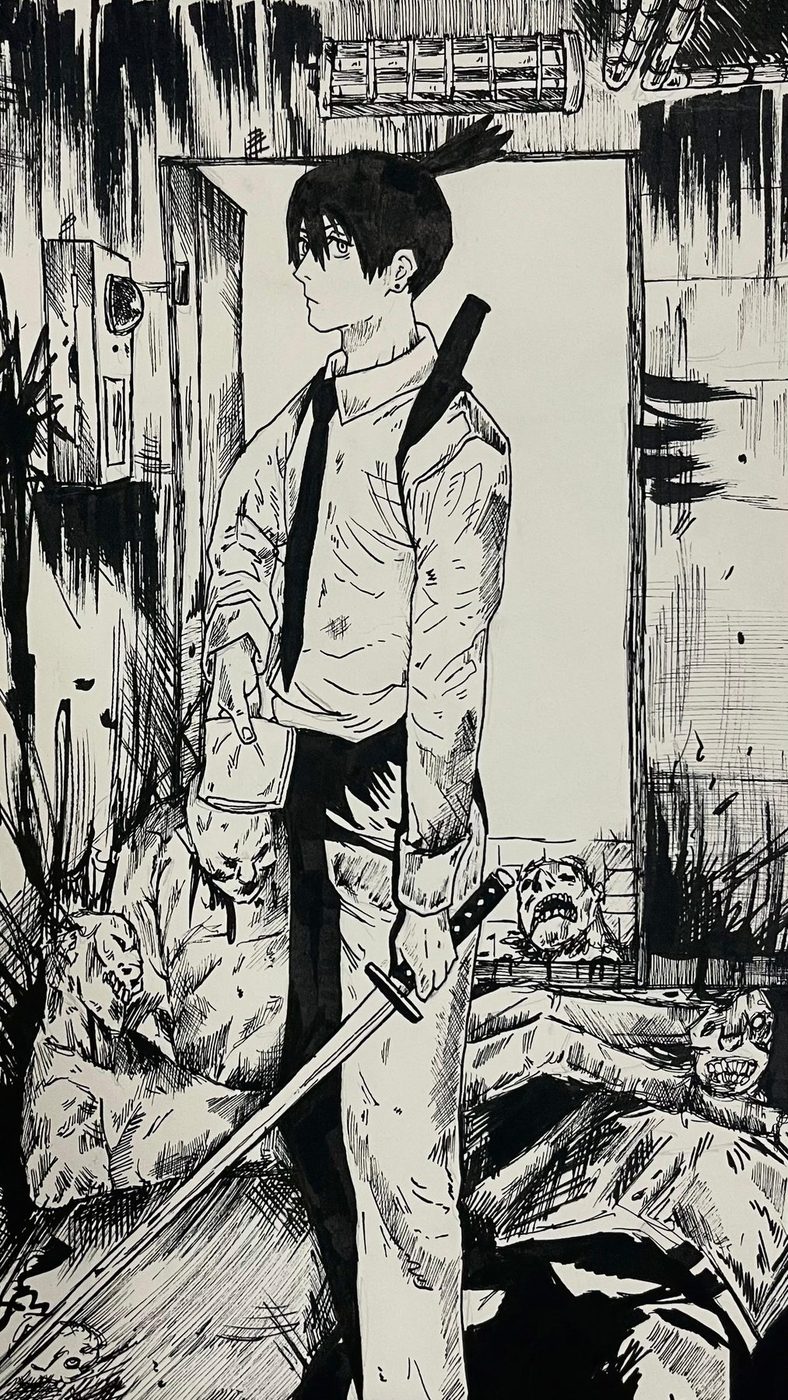 Guardián del pasillo — Tinta negra, formato A3