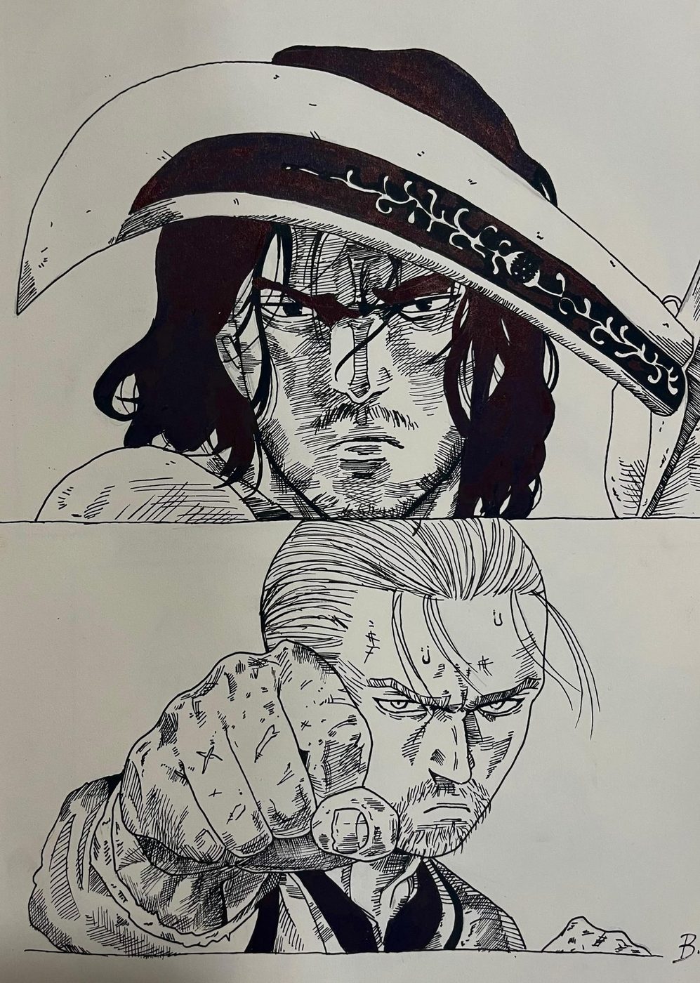 Duelo de sombreros — Tinta negra y rotulador, formato A3