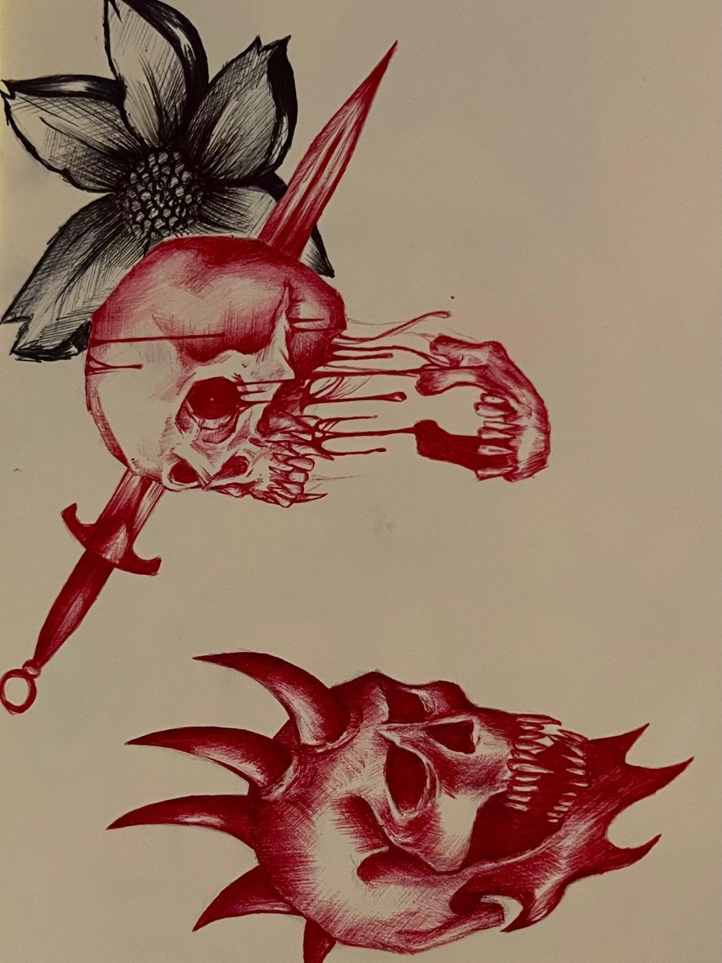 Cráneos y espinas — Tinta roja y negra, formato A4
